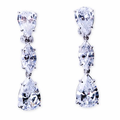 Silver and CZ (Cubic Zirconia) Three Stone Drop Earrings