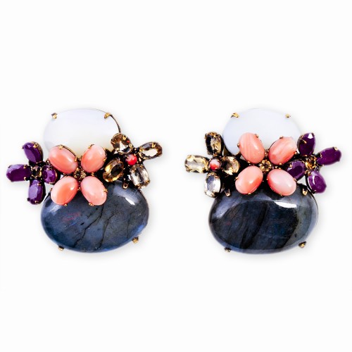 Mother of Pearl, Labradorite, Citrine, Coral & Ruby Flowered Earrings