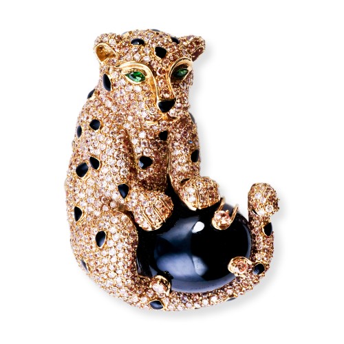 Leopard Brooch with CZ (Cubic Zirconia), Black Agate and Emerald 